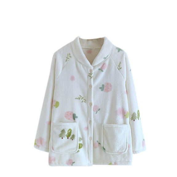 Women's Sleepshirts Flannel Lapel Button Down Long Sleeve Print Pajamas Thicken Warm Soft Fleece Home Wear With Pockets (XL, Beige-A)