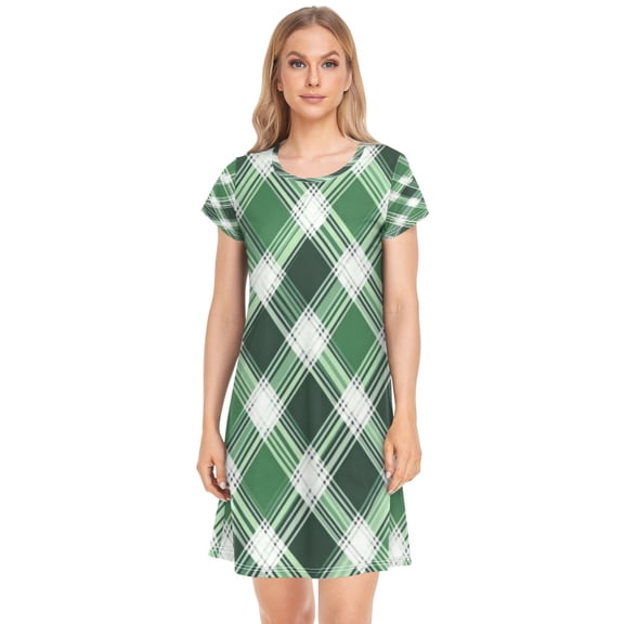 Women's Sleepshirts Green Plaid Nightgowns Sleep for Women Soft House Dresses Night Gown for Ladies