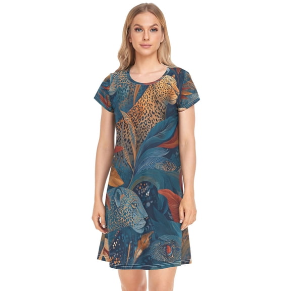Women's Sleepshirts Leopard and Flying Feathers Nightgowns Sleep for Women Soft House Dresses Night Gown for Ladies