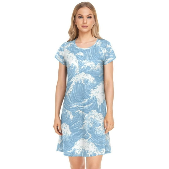 Women's Sleepshirts Light Blue Waves Pattern Nightgowns Sleep for Women Soft House Dresses Night Gown for Ladies
