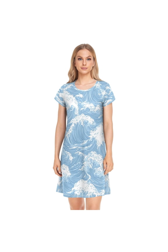 Women's Sleepshirts Light Blue Waves Pattern Nightgowns Sleep for Women Soft House Dresses Night Gown for Ladies