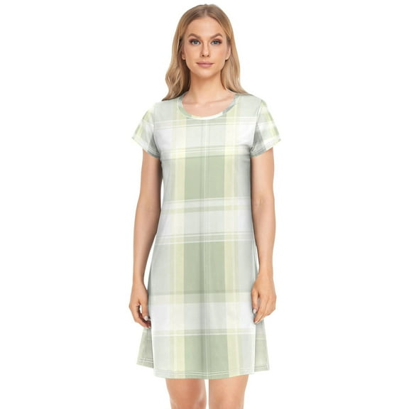 Women's Sleepshirts Light Gray and Green Plaid Nightgowns Sleep for Women Soft House Dresses Night Gown for Ladies