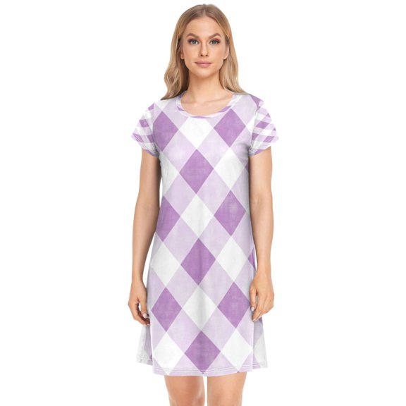 Women's Sleepshirts Light Purple and White Gingham Nightgowns Sleep for Women Soft House Dresses Night Gown for Ladies