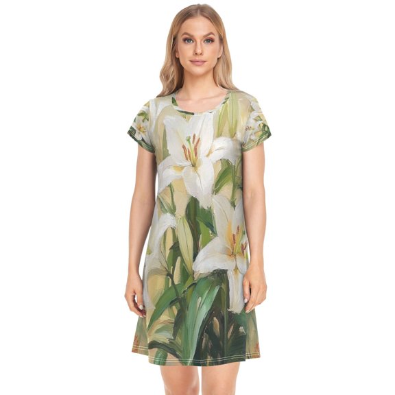Women's Sleepshirts Lilies Oil Painting Nightgowns Sleep for Women Soft House Dresses Night Gown for Ladies