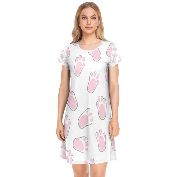 Women's Sleepshirts Pink Bunny Footprints Nightgowns Sleep for Women Soft House Dresses Night Gown for Ladies