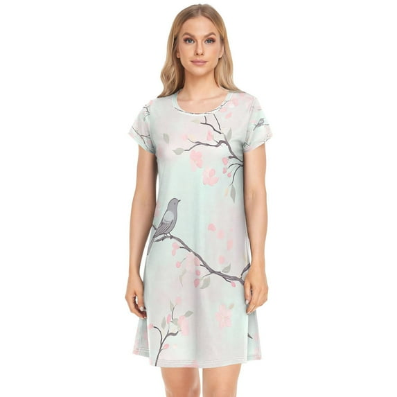 Women's Sleepshirts Pink Flower and Gray Bird Nightgowns Sleep for Women Soft House Dresses Night Gown for Ladies