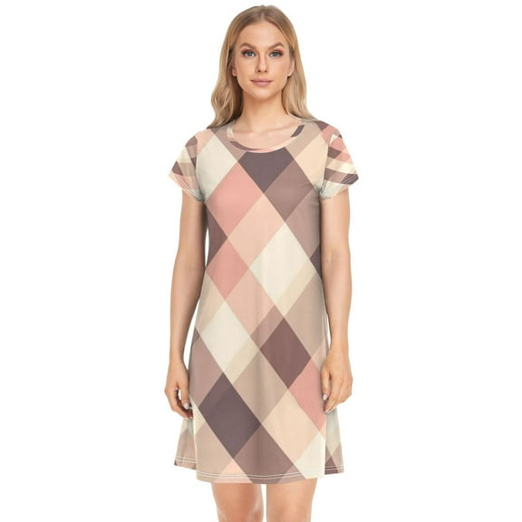 Women's Sleepshirts Pink and Dark Beige Plaid Nightgowns Sleep for Women Soft House Dresses Night Gown for Ladies