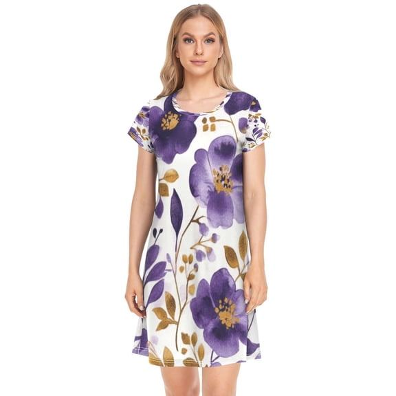 Women's Sleepshirts Purple and Gold Floral Nightgowns Sleep for Women Soft House Dresses Night Gown for Ladies