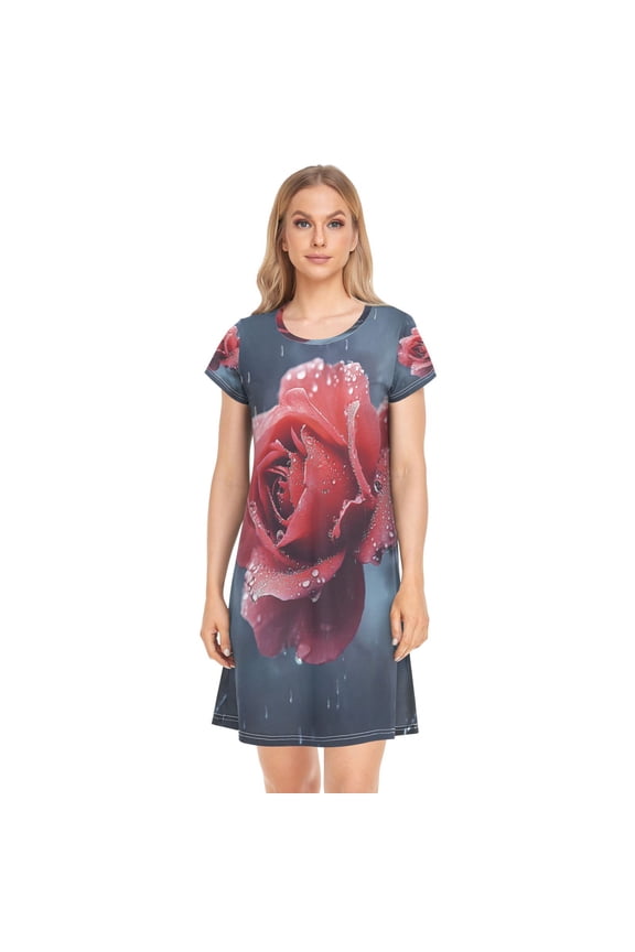Women's Sleepshirts Red Roses Blooming in The Rain Nightgowns Sleep for Women Soft House Dresses Night Gown for Ladies