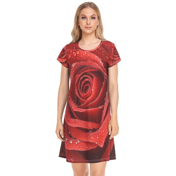 Women's Sleepshirts Red Roses Nightgowns Sleep for Women Soft House Dresses Night Gown for Ladies