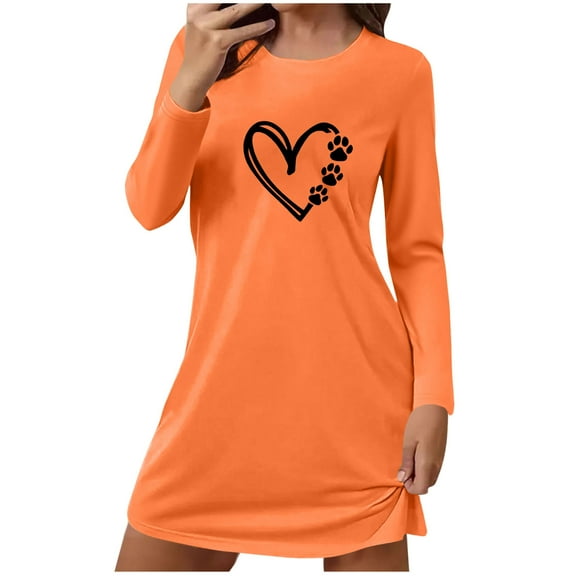 Women's Sleepshirts Straight Slim Shirts Pajamas Cute Heart Dog Paws Printed Long Sleeved Nightdress Round Neck Loose Comfortable Short Loungewear Soft Sleepwear