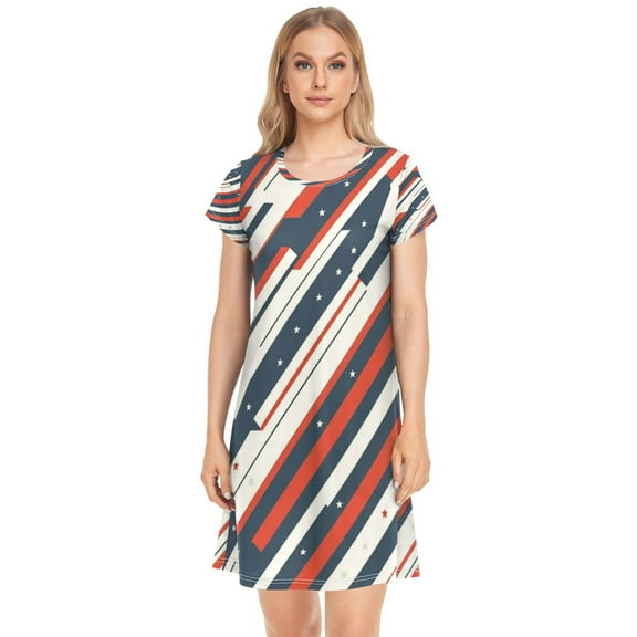 Women's Sleepshirts Stripes and Stars Pattern Nightgowns Sleep for Women Soft House Dresses Night Gown for Ladies