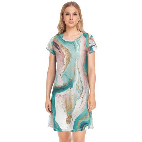 Women's Sleepshirts Teal Swirling Marble Pattern Nightgowns Sleep for Women Soft House Dresses Night Gown for Ladies