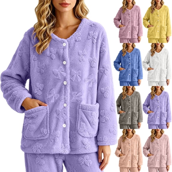 Women's Sleepwear Cardigan, Fleece Long Sleeve Button Front Jacket with Pockets, Warm Lounge Sleep Top, Cozy Home Indoor Wear | VerBelle,Blue L