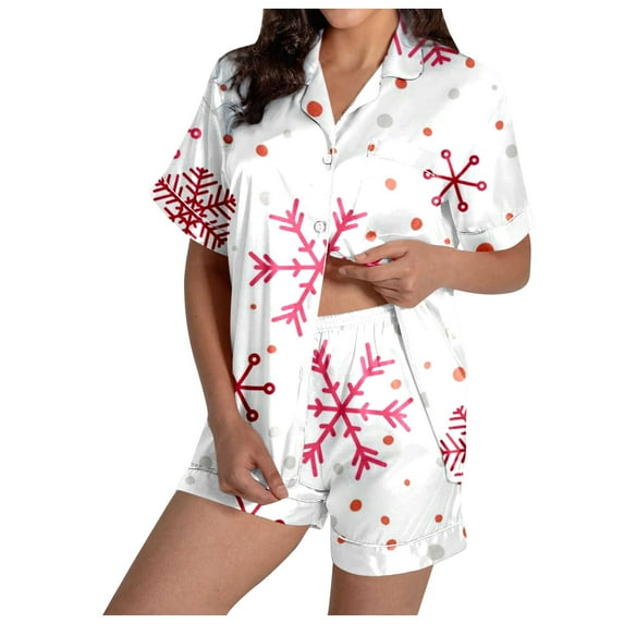Women's Sleepwear Christmas Pajamas Set Fashionable Short Sleeved Button Up Silk Satin Top with Reindeer Snowflake Holiday Print Sleepshirts for Women Nightgown Comfy Sleepwear