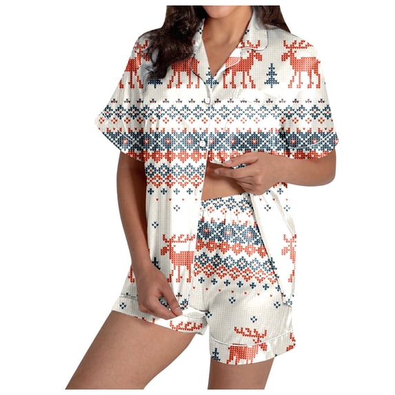 Women's Sleepwear Christmas Pajamas Set Fashionable Short Sleeved Button Up Silk Satin Top with Reindeer Snowflake Holiday Print Sleepshirts for Women Nightgown Comfy Sleepwear