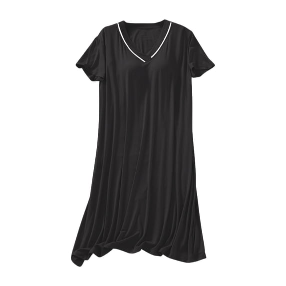 Women's Sleepwear Dress Short Sleeve V Neck Solid Nightgown Mini Dress with Padded Cups Black L