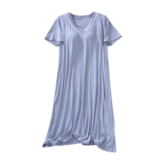Women's Sleepwear Dress Short Sleeve V Neck Solid Nightgown Mini Dress with Padded Cups Blue L