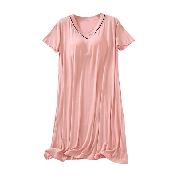 Women's Sleepwear Dress Short Sleeve V Neck Solid Nightgown Mini Dress with Padded Cups Pink XL