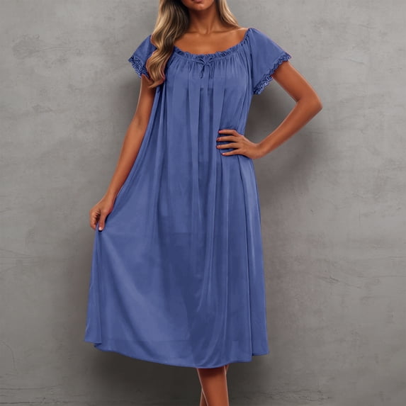 Women's Sleepwear Ice Silk Nightdress|Cool Short Sleeve Sleepwear with Lace Sleeves|Midi Length Loose Fit Nightgown for Summer|Skin-Friendly & Breathable Home Dress(Navy)
