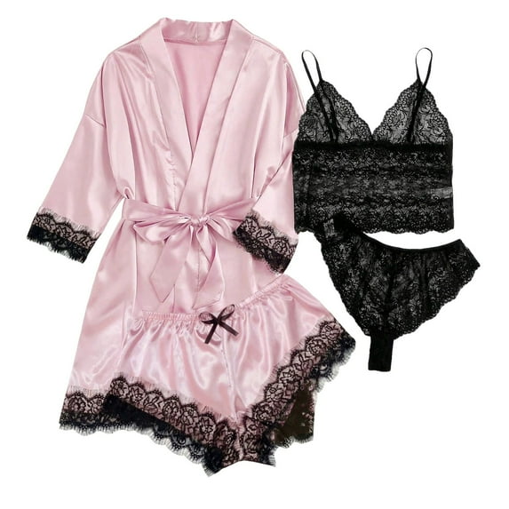 Women's Sleepwear Ladies Pajamas Silk Pajamas For Women Set 4 Piece Satin Sleepwear Classic Button Down Short Sleeve Pj Set Cute Loungewear