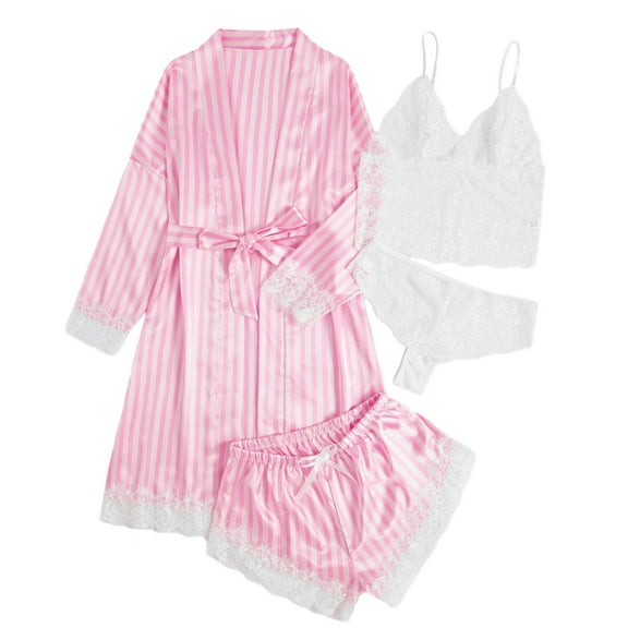 Women's Sleepwear Ladies Pajamas Silk Pajamas For Women Set 4 Piece Satin Sleepwear Classic Button Down Short Sleeve Pj Set Cute Loungewear