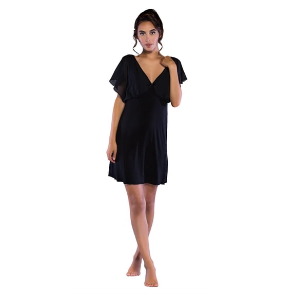 Women's Sleepwear Lightweight Super Soft Bamboo Short Sleeve V Neck Chiffon Detail Nightgown - Made in Turkey (Small, Black)