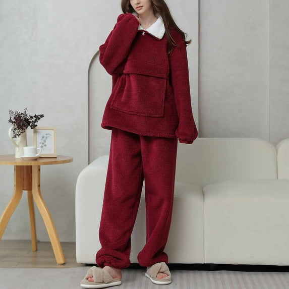 Women's Sleepwear Long Sleeve Top and Pants Pajama Set Panda Print Nighty,Wine,XL