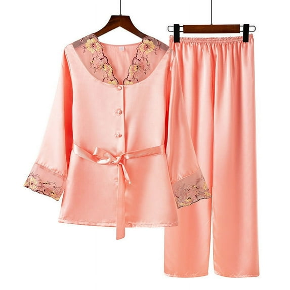 Women's Sleepwear Set 2 Piece Outfits Lace V Neck Button Down Shirts with Satin Pants Sets Soft Nightgown Watermelon Red L