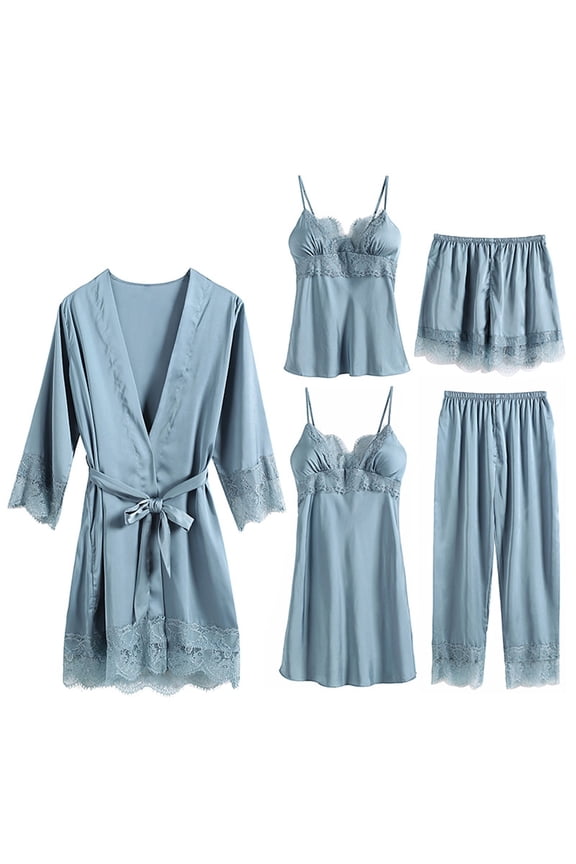 Women's Sleepwear Set 5Pcs Satin Robes Silk Bathrobe 3/4 Sleeve Robes Soft Silky Sleepwear Blue M