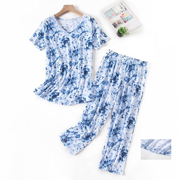 Women's Sleepwear Summer Round Neck Suit Pajamas Short Sleeve Long Pants,Blue Women's Sleepwear M