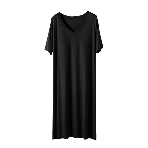 Women's Sleepwear Women Casual Long T-Shirt Sleepwear Dress Short Sleeve V-Neck Solid Color Nightgowns Sleep Shirts for Women Soft Sleepwear Loose Fitting Night Shirts Black XL