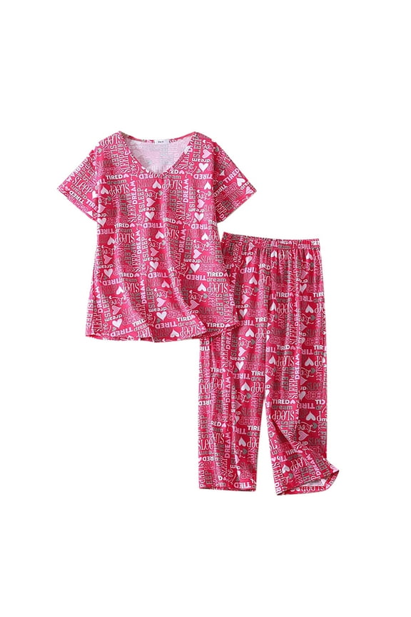 Women's Sleepwear Women Pajamas Set Short Sleeve Top Capri Pants Sleepwear Plus