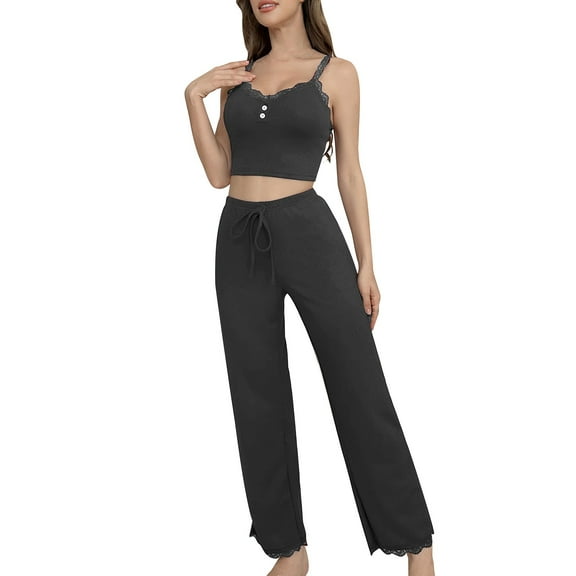 Women's Sleepwear Womens Loungewear Set Ribbed Knit Pajamas Set Lace Cami Tops with Pants Sleepwear Pajama Set Nightwear 2pc Pajama Set Pajama Pants for Women Dark Gray M