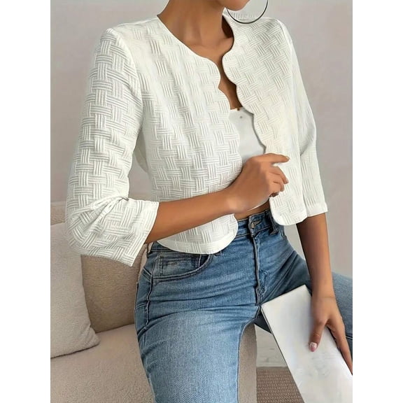 Women's Sleeve Open Front Jacket Scalloped Edge Cropped Layer Top for Spring Fall