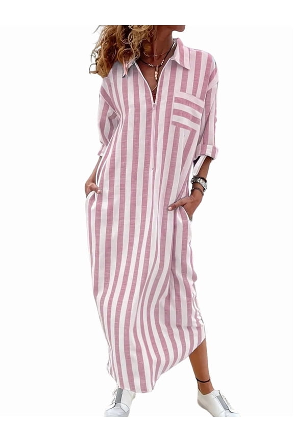Women's Sleeve Striped Business Half Zipper Maxi Long Shirt Dress for Summer Casual Beach Red XXL