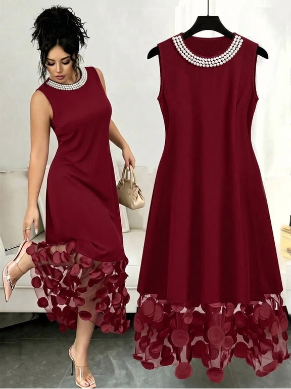 Women's Sleeveless A-Line Midi Dress Floral Applique Petal Hem Elegant Party