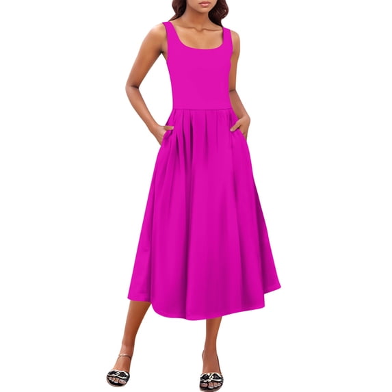 Women's Sleeveless A-Line Midi Dress with Pockets, Casual Square Neck Fit and Flare Summer Graduation Dress