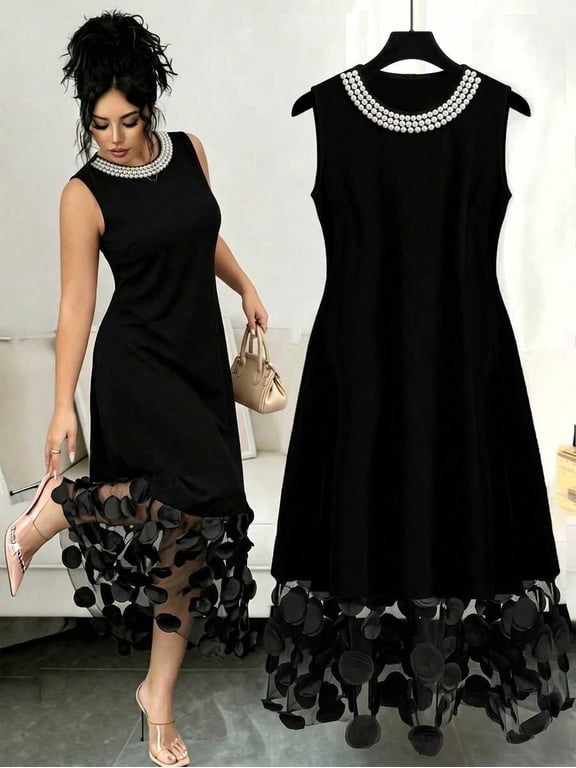 Women's Sleeveless A-Line Midi Dress Floral Applique Petal Hem Elegant Party