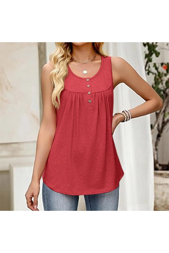 Women's Sleeveless A Line Tank Top Button Decor Pleated Crew Neck Loose Fit Flowy Summer Tops Slimming Casual Daily Outfit Shirts Vermilion 3XL