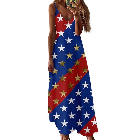 Women's Sleeveless American Flag Maxi Dress, V-Neck Striped Print Summer Beach Party Dress for Independence Day 4th of July ,Cyan S
