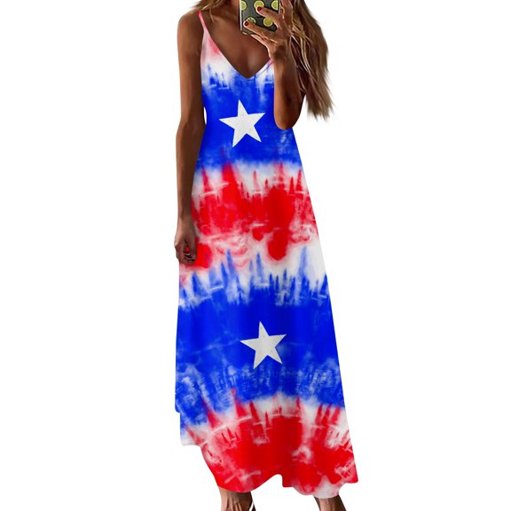 Women's Sleeveless American Flag Maxi Dress, V-Neck Striped Print Summer Beach Party Dress for Independence Day 4th of July ,Dark Blue M