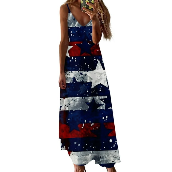 Women's Sleeveless American Flag Maxi Dress, V-Neck Striped Print Summer Beach Party Dress for Independence Day 4th of July ,Hot Pink S