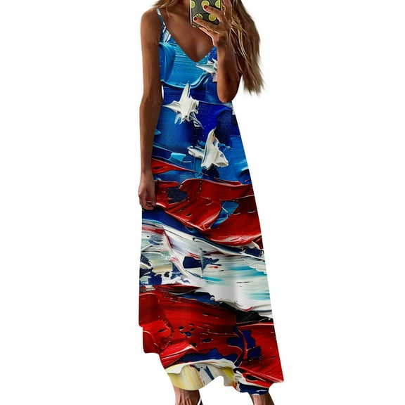 Women's Sleeveless American Flag Maxi Dress, V-Neck Striped Print Summer Beach Party Dress for Independence Day 4th of July ,Red S