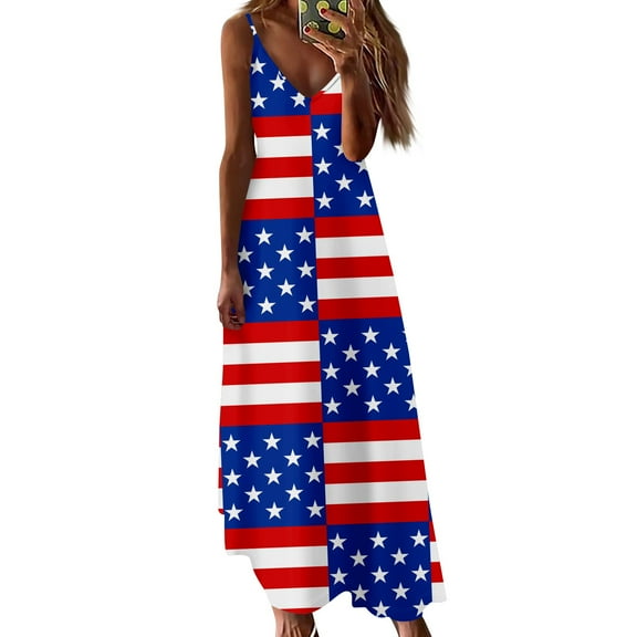 Women's Sleeveless American Flag Maxi Dress, V-Neck Striped Print Summer Beach Party Dress for Independence Day 4th of July ,Vermilion S