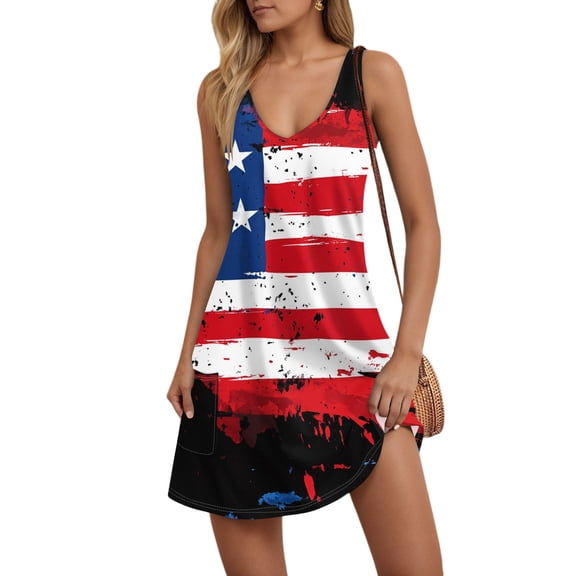 Women's Sleeveless American Flag Print Mini Tank Dress, Casual Summer Beach Sundress with Pockets for 4th of July Independence Day,Deep Red XL