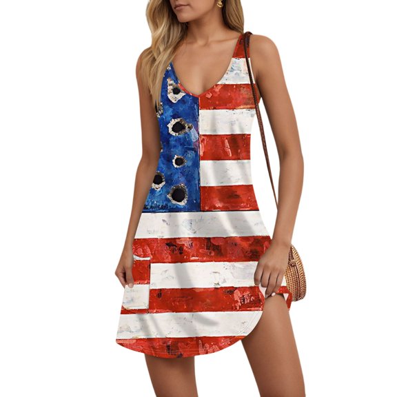 Women's Sleeveless American Flag Print Mini Tank Dress, Casual Summer Beach Sundress with Pockets for 4th of July Independence Day,Vermilion L