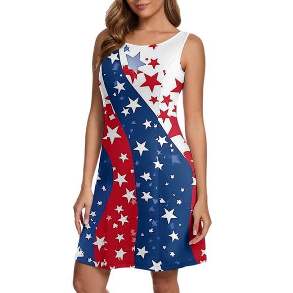 Women's Sleeveless American Flag Print Vest Dress, Casual O-Neck Summer Independence Day Celebration Outfit for 4th of July,Dark Blue M