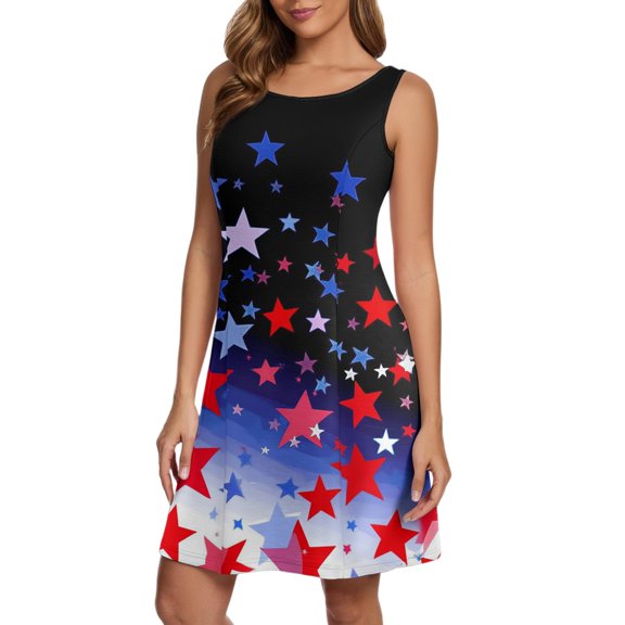 Women's Sleeveless American Flag Print Vest Dress, Casual O-Neck Summer Independence Day Celebration Outfit for 4th of July,Sky Blue M