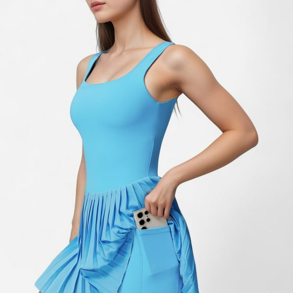 Women's Sleeveless Athletic Dress with Built-In Shorts Pleated Wrap Skirt and Stretch Fabric with Side Pocket - Light Blue, X Large